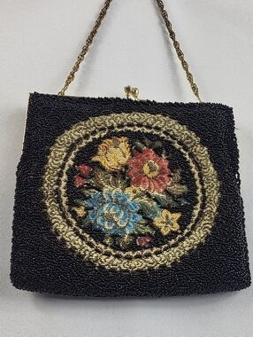 Vintage Black Beaded Petit Point Floral Medallion Evening Bag